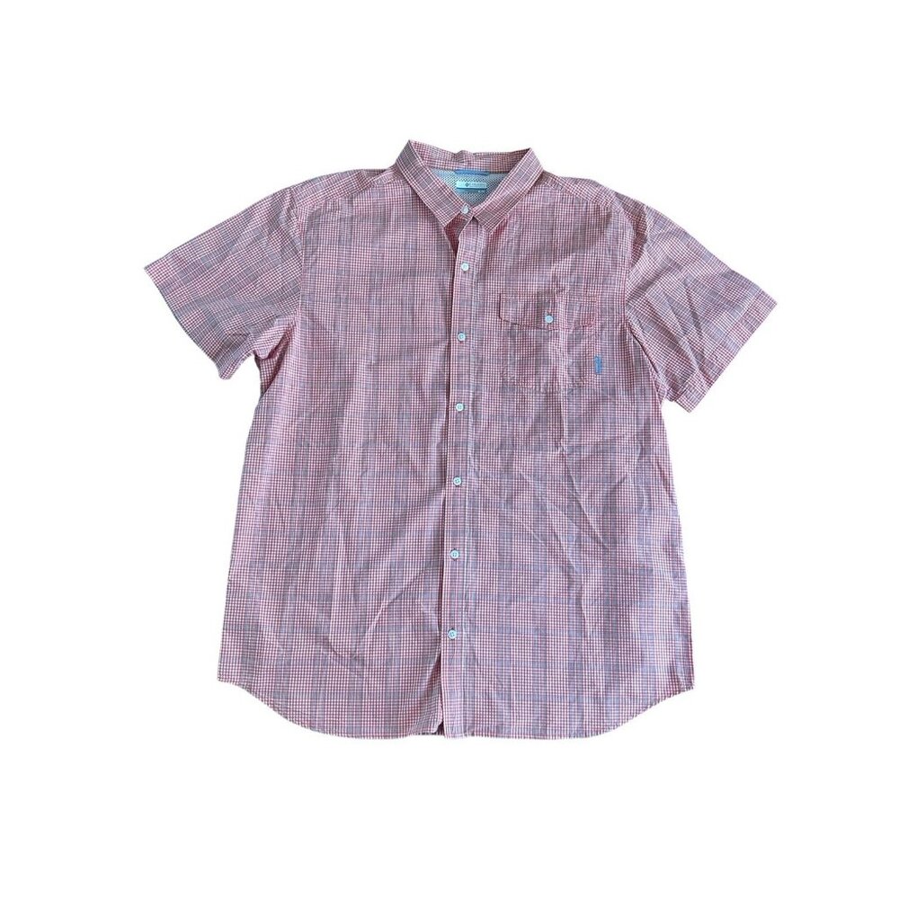 Columbia Mens Short Sleeve Button Down Orange & Gray Plaid Sz XL Cotton